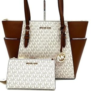 Michael Kors Large Charlotte Tote Bag & Matching Double Zip Wallet Vanilla/Brown